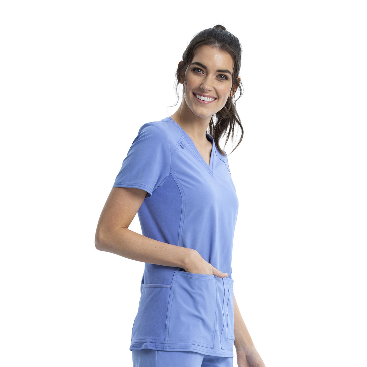 Cherokee - Women's V-Neck Knit Panel Solid Scrub Top (CK605)